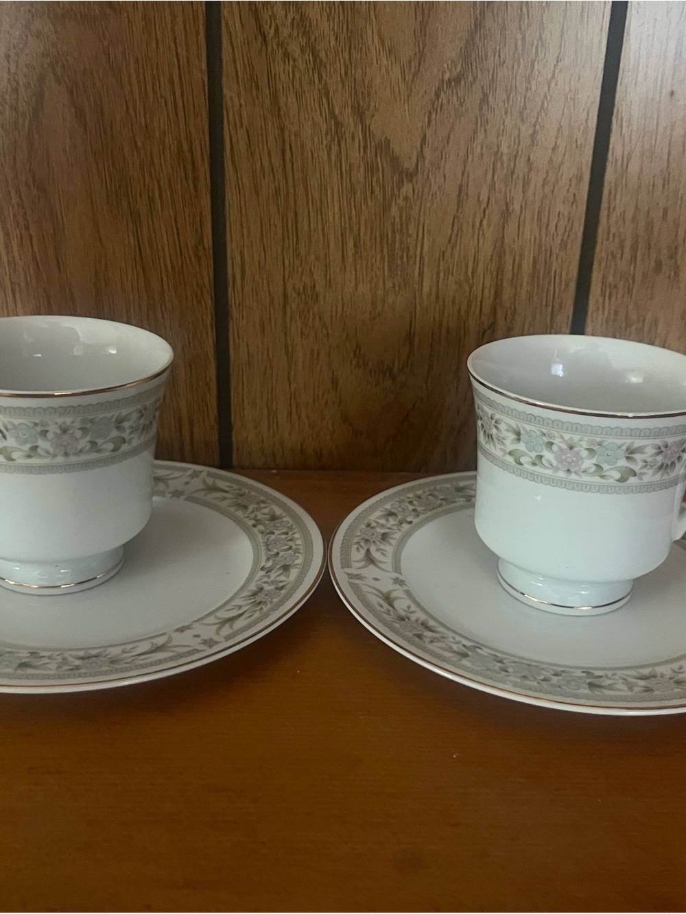 Elegant White Porcelain Teacups with Floral Banding - Set of 2